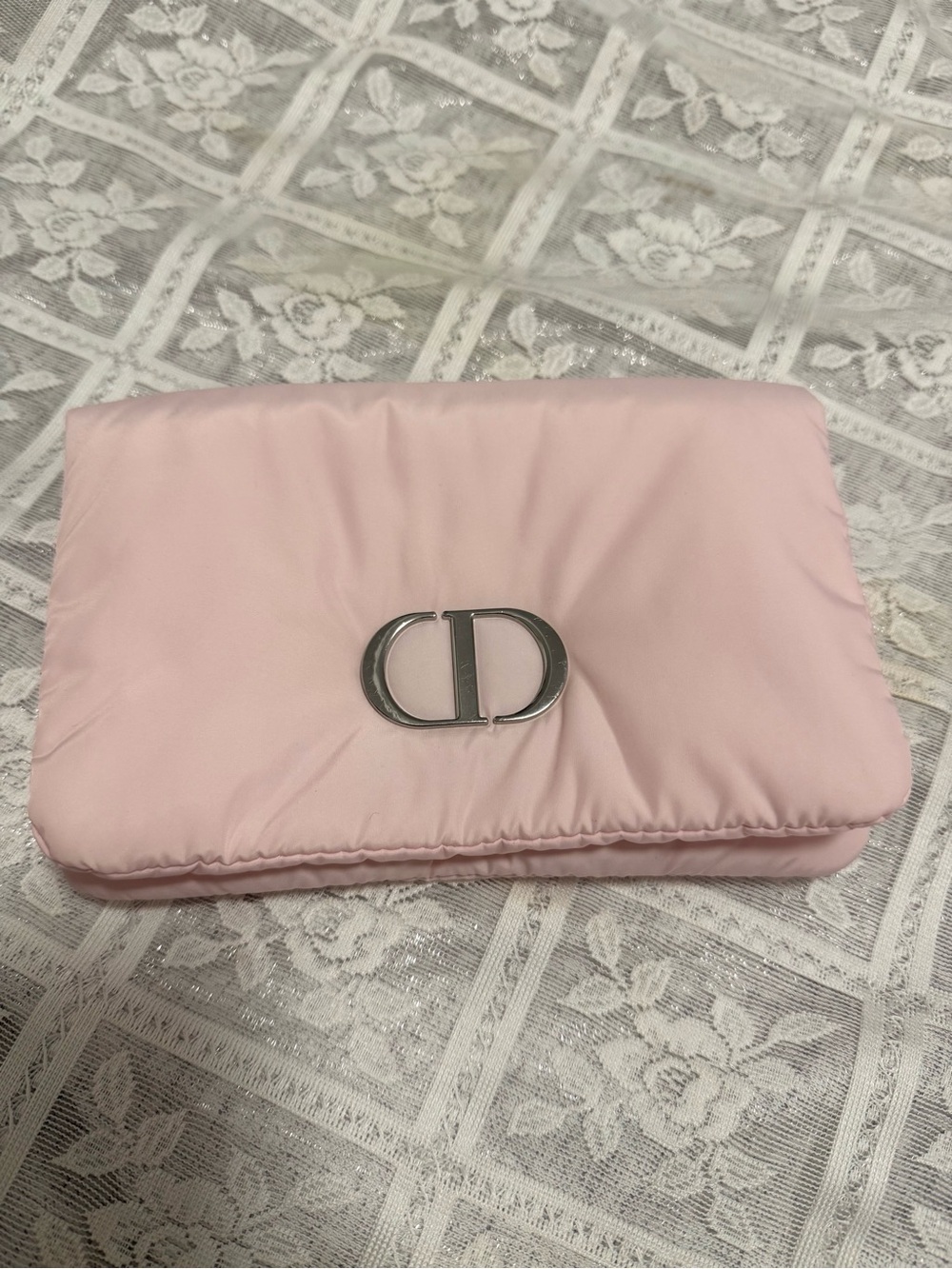 Dior Light Pink Quilted Padded Clutch with Silver CD Emblem